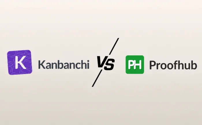 Kanbanchi vs ProofHub comparison graphic featuring the Kanbanchi and ProofHub logos with a bold "VS" symbol, illustrating a project management software comparison.