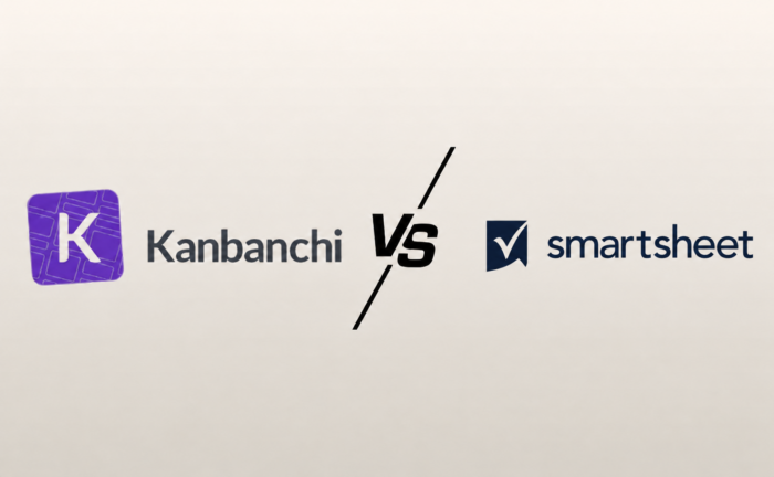 Kanbanchi vs Smartsheet comparison graphic featuring the Kanbanchi logo on the left, the Smartsheet logo on the right, and a bold 'VS' in the center, illustrating a side-by-side comparison of the two project management platforms.