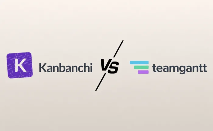 Kanbanchi vs TeamGantt | Project Management Software Comparison Kanbanchi vs TeamGantt comparison graphic featuring the Kanbanchi and TeamGantt logos separated by a bold "VS" symbol on a light background.