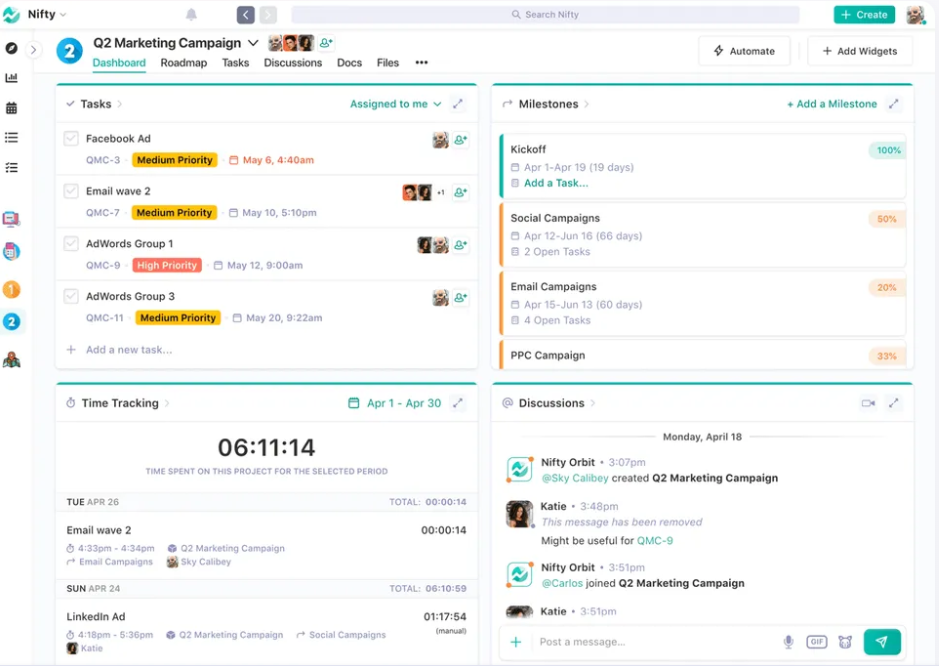 Screenshot showing the Nifty project management interface with project dashboards, tasks, milestones, and team collaboration features