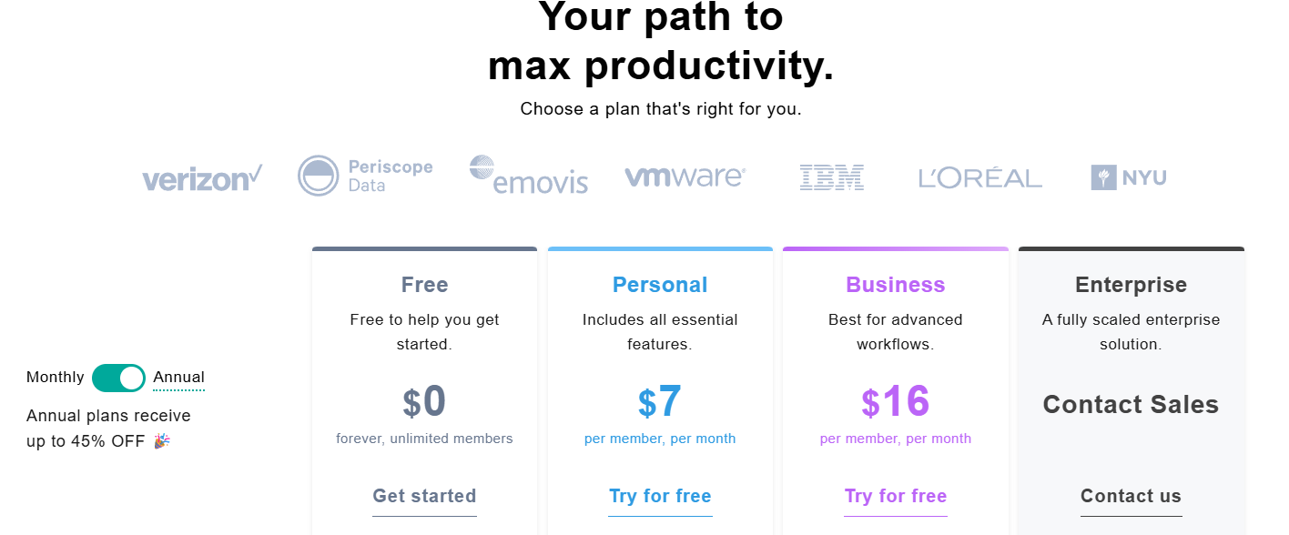 Screenshot showing Nifty pricing plans with subscription tiers and features for project management and team collaboration