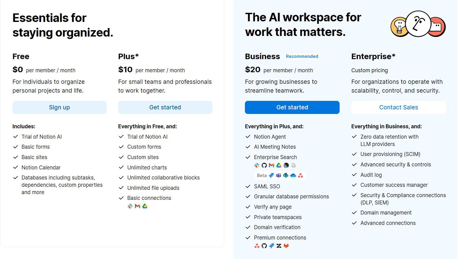 Notion pricing page screenshot showing subscription plans and pricing options compared in a Kanbanchi vs Notion project management comparison