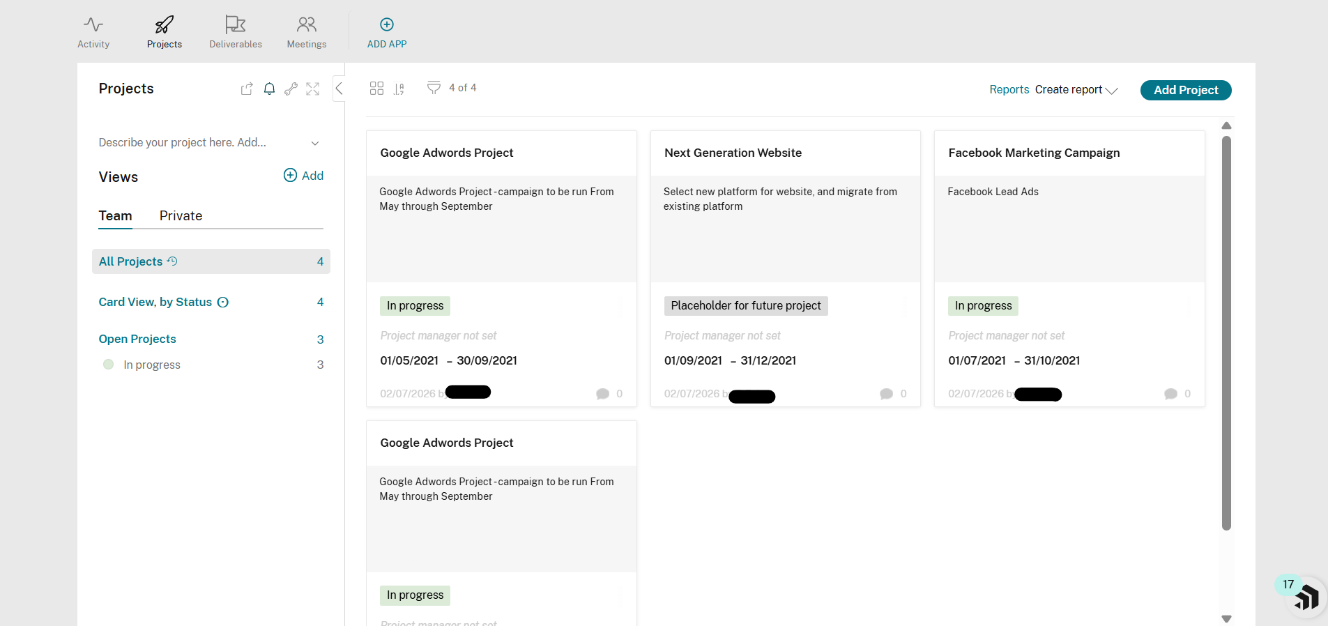 Podio project management workspace showing project items, tasks, and team collaboration tools