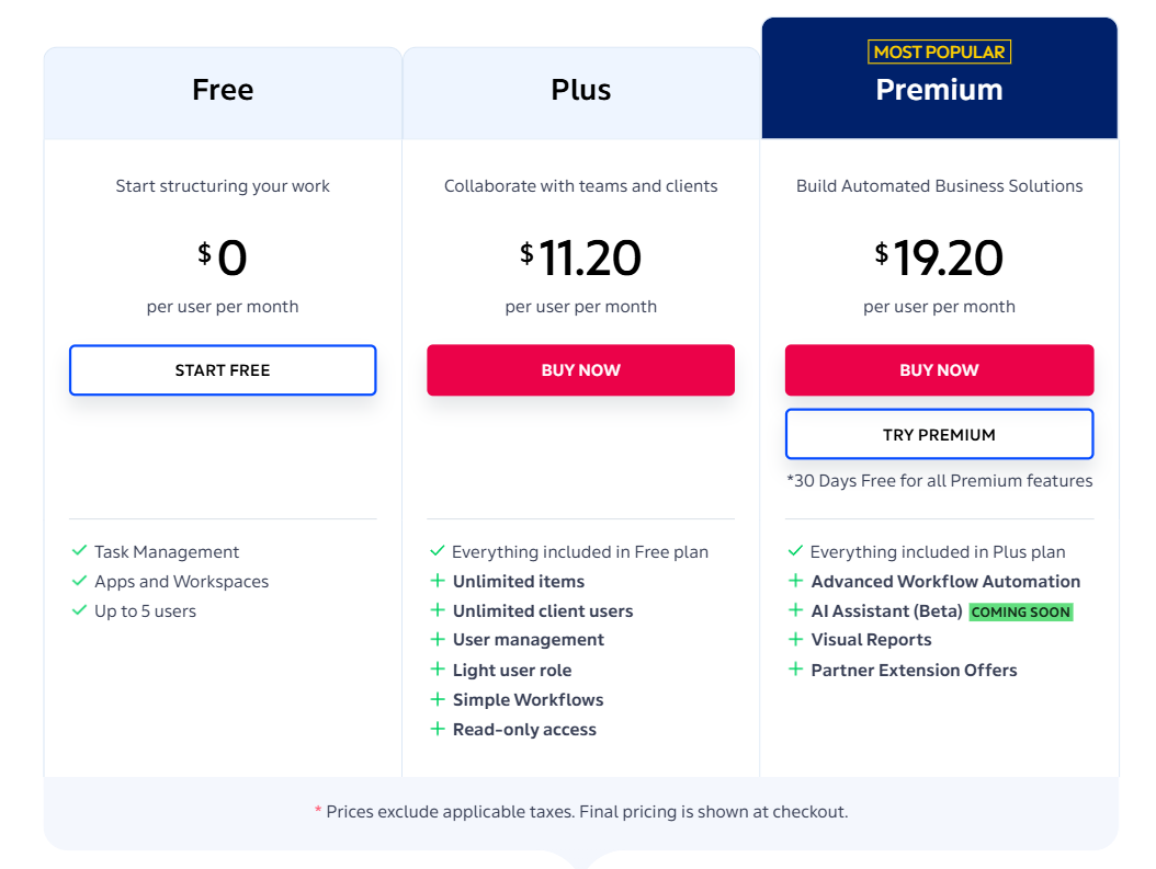 Podio pricing page displaying subscription plans and features for team collaboration and project management