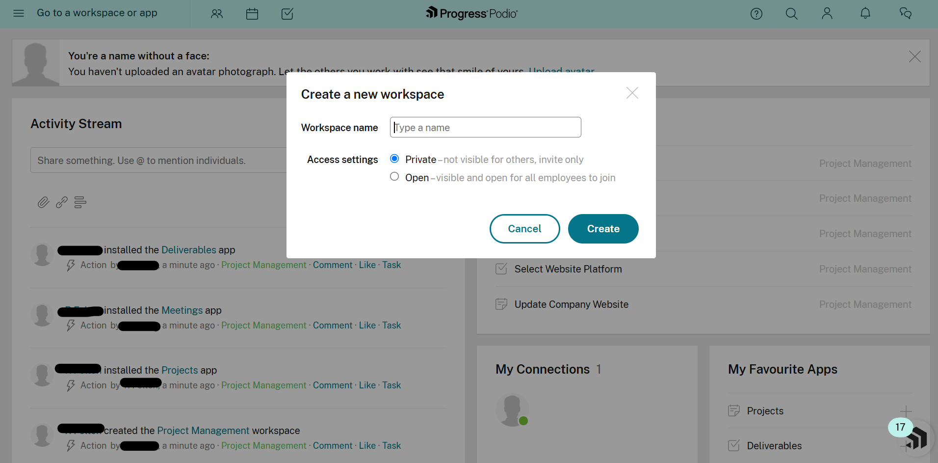 Podio workspace creation interface for setting up a new team workspace and project structure