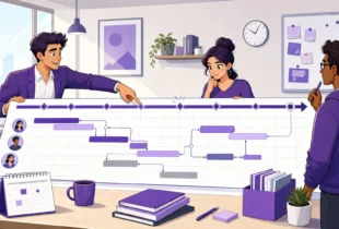 A project schedule framework, displaying connected task cards, Gantt chart timeline bars, milestones, dependencies, and team member allocation nodes.