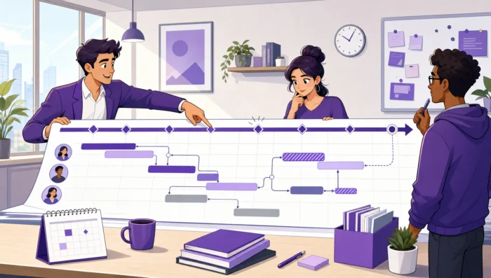 Project Schedule Explained: Definition, Steps, Examples, and Best Practices - Main Image A project schedule framework, displaying connected task cards, Gantt chart timeline bars, milestones, dependencies, and team member allocation nodes.