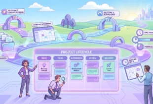 Task management app interface connected to workflow stages, Gantt chart timeline bars, cloud storage nodes, and collaborative team avatars