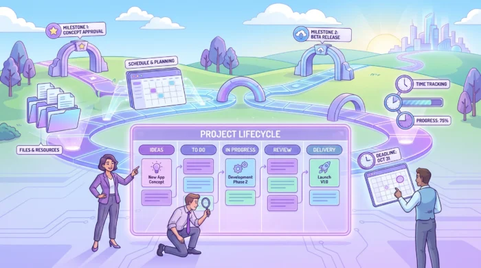 Task management app interface connected to workflow stages, Gantt chart timeline bars, cloud storage nodes, and collaborative team avatars