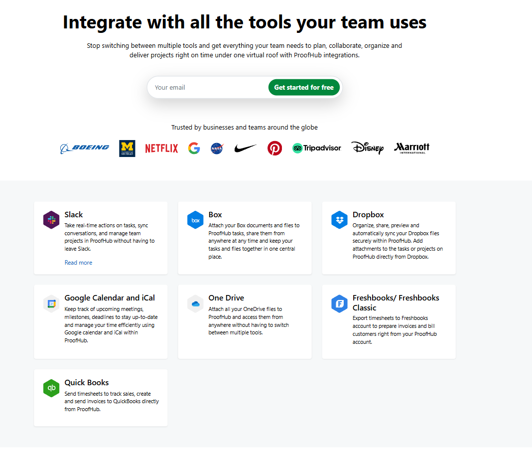 ProofHub integrations page showing available connections with third-party apps in the Kanbanchi vs ProofHub comparison.