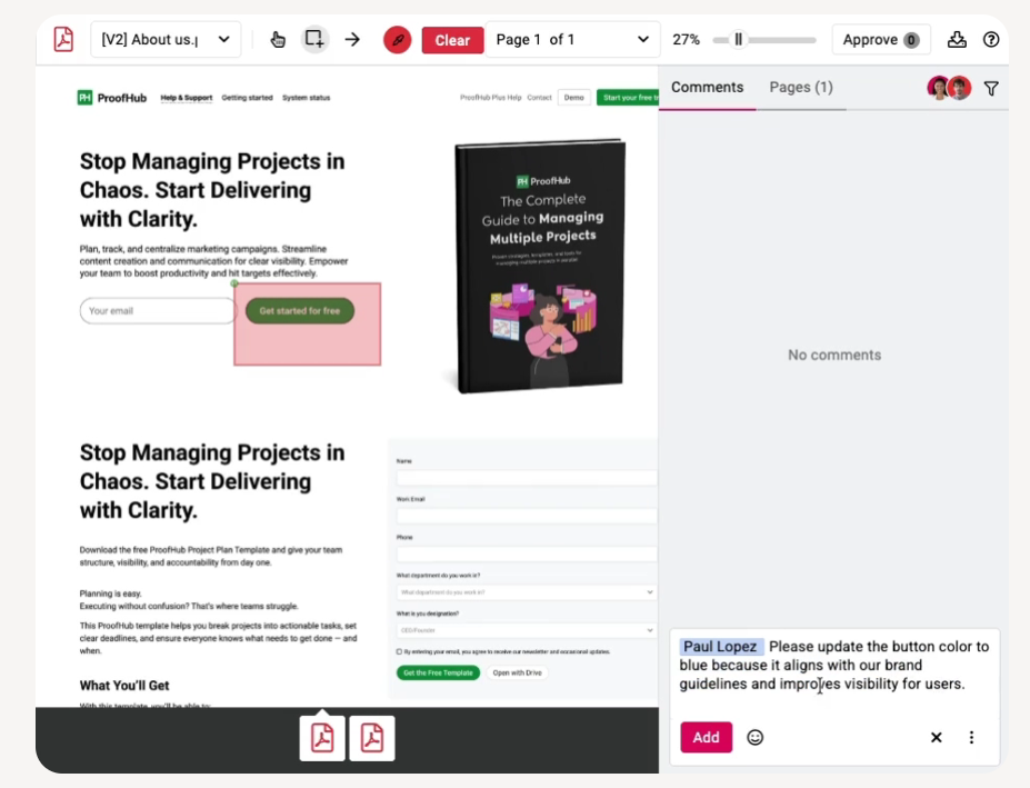 ProofHub online proofing feature for reviewing creative files with annotations and team feedback in the Kanbanchi vs ProofHub comparison.