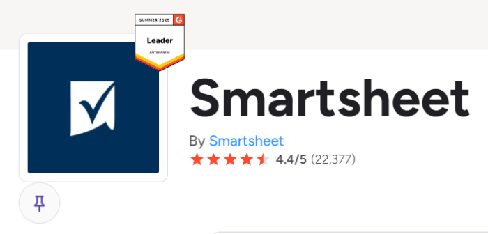 Smartsheet G2 rating showing the title "Smartsheet" and its overall G2 rating.