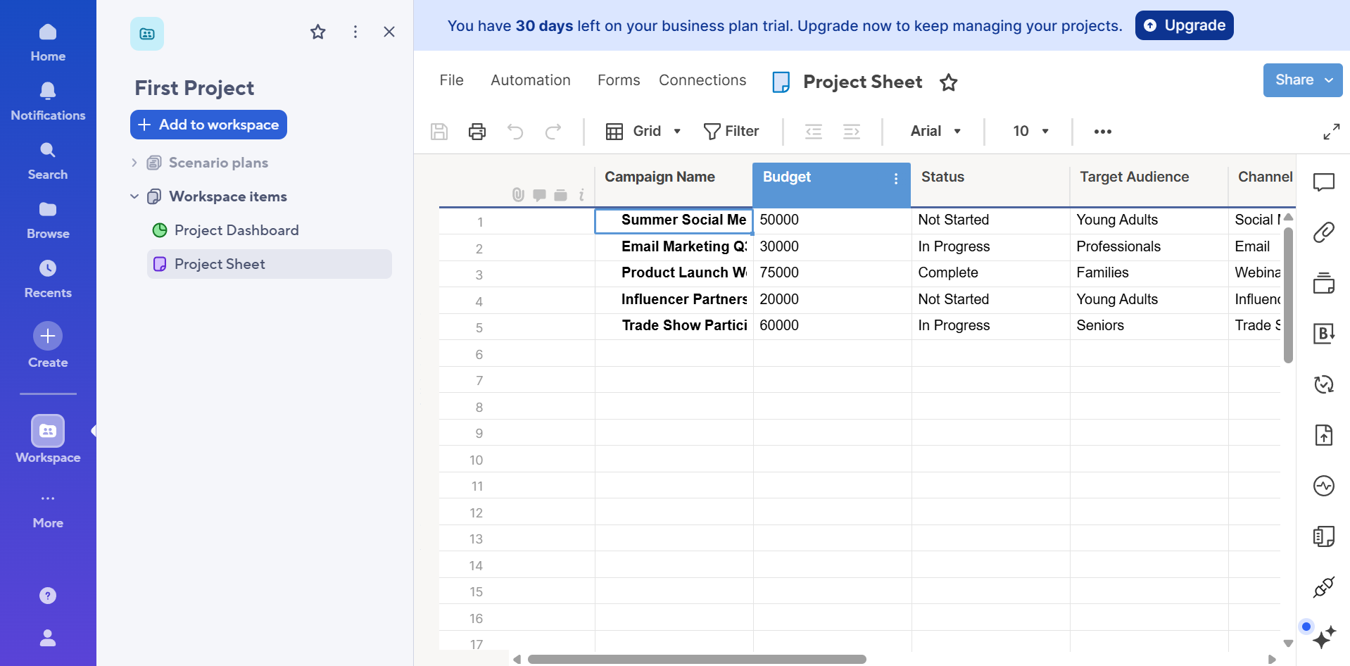 Smartsheet interface showing the project management workspace and task management layout.
