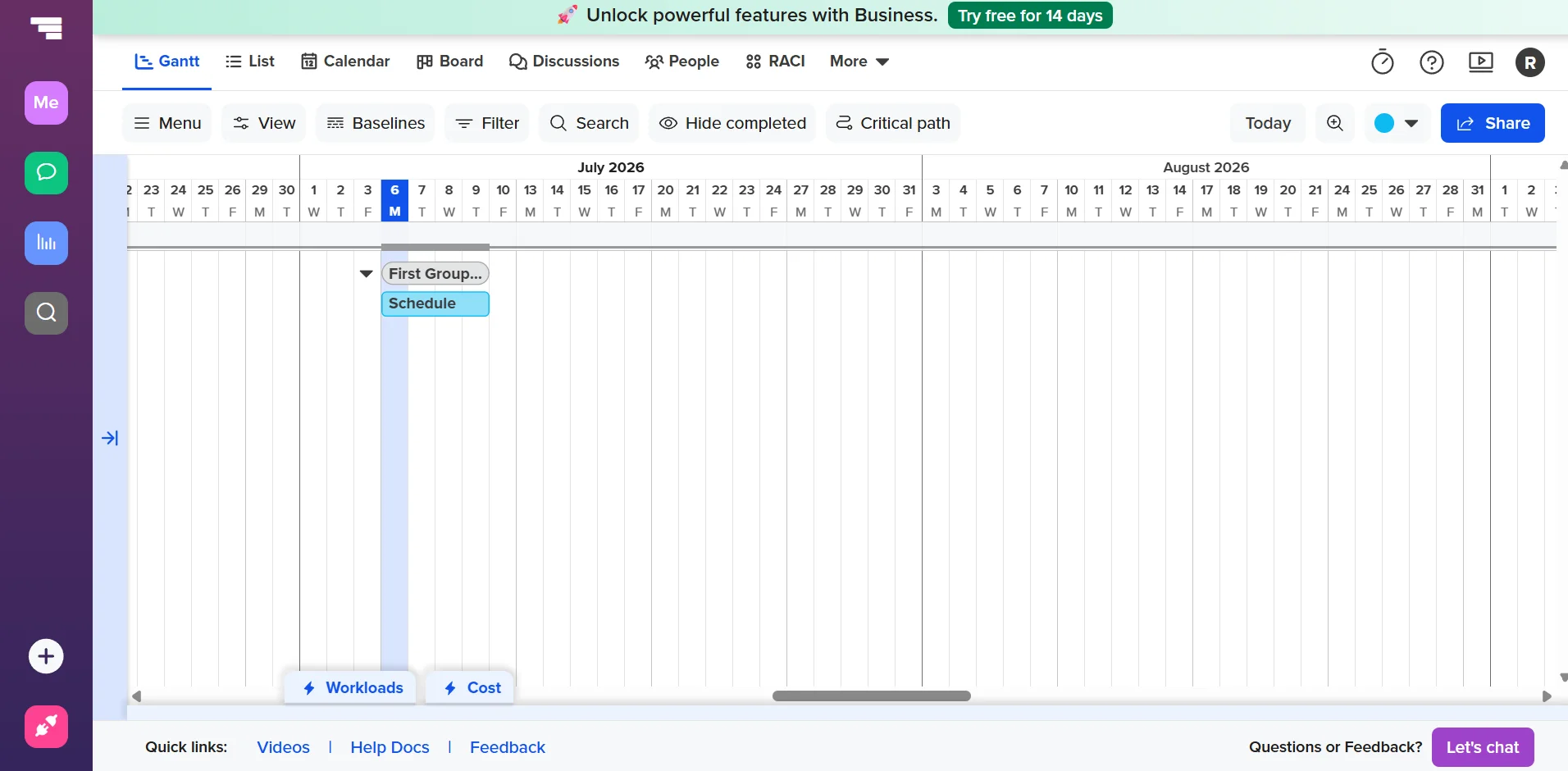 TeamGantt Gantt Chart View – Project Timeline Screenshot | Kanbanchi vs TeamGantt TeamGantt Gantt chart view displaying project timeline, task dependencies, milestones, and progress tracking.