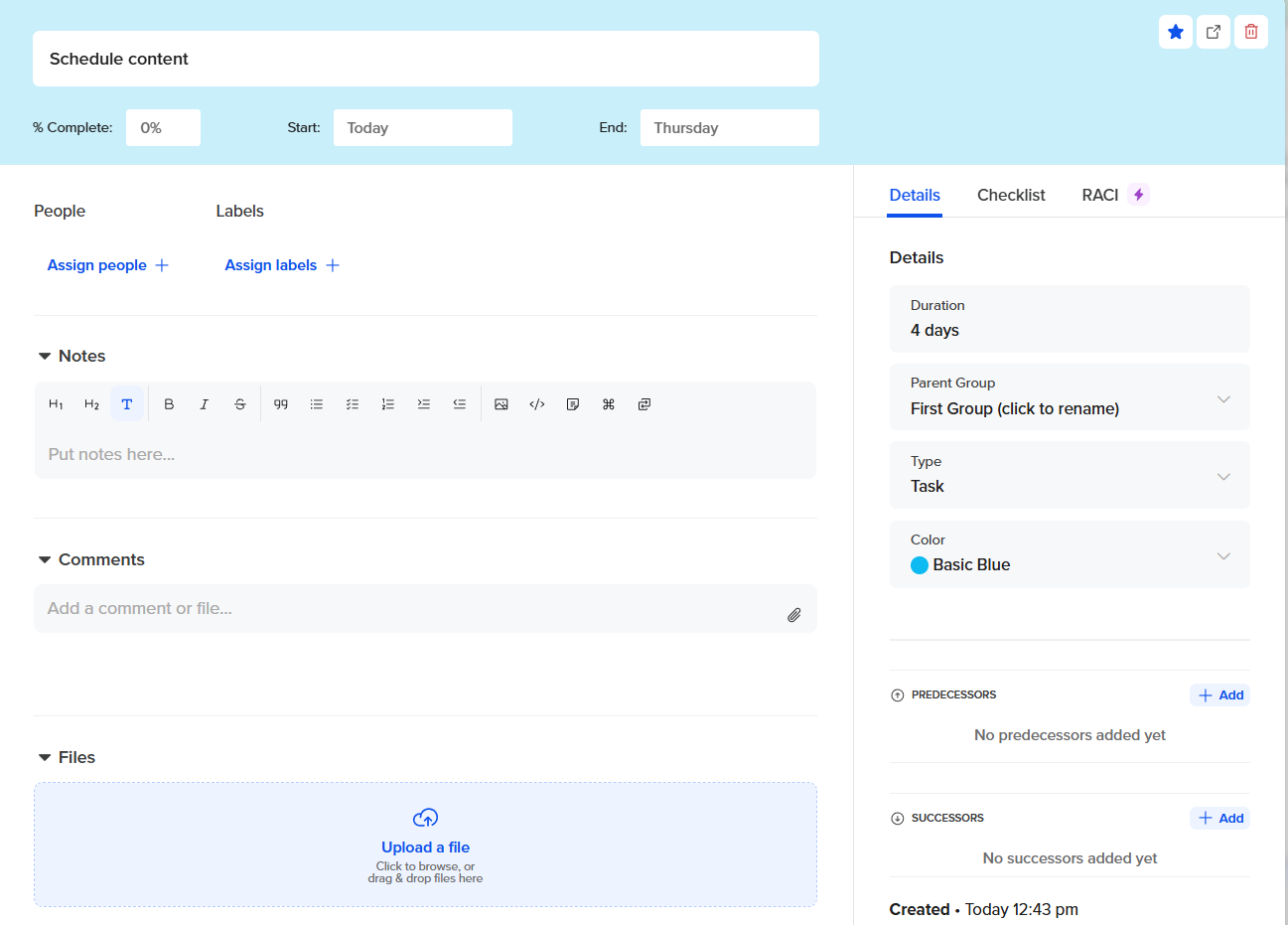TeamGantt Task Creation Screen – Task Details and Scheduling | Kanbanchi vs TeamGantt TeamGantt task creation screen with fields for task details, dates, assignees, dependencies, and milestones.