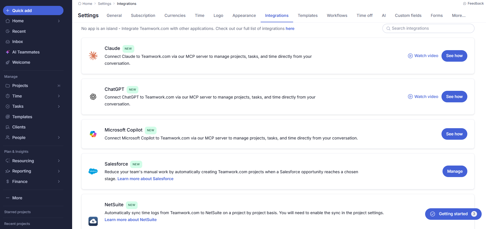 Teamwork.com integrations page showing connected apps, third-party tools, and workflow automation options.
