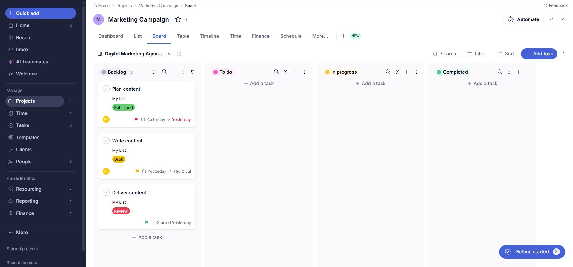 Teamwork.com project management interface displaying task lists, project timeline, and team collaboration features.