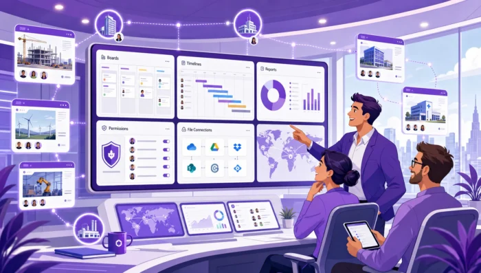 An enterprise project management ecosystem, featuring a centralized dashboard connected to security shield icons, portfolio analytics, multi-departmental team nodes, and workspace integration symbols