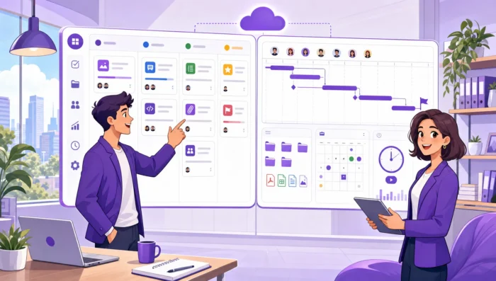 A team of two people working with the cloud based project management app