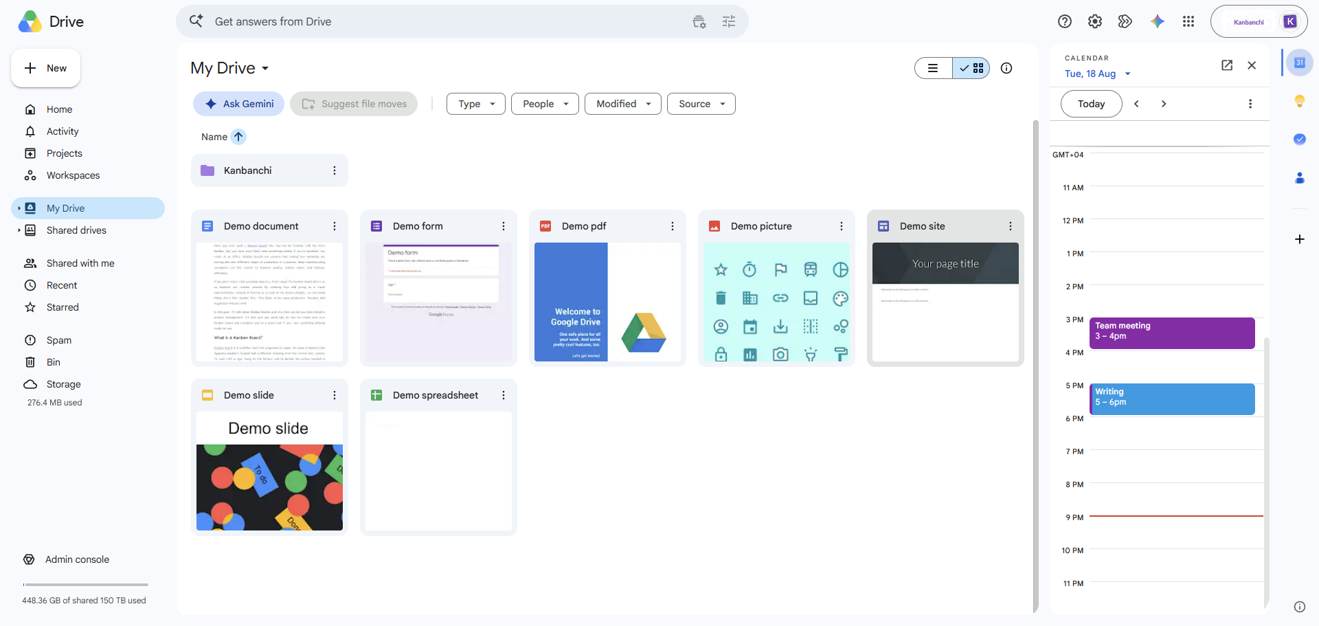 Google Workspace's Drive interfacce with built-in Calendar add-on