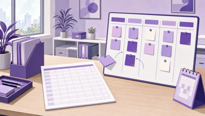 A blank spreadsheet sheet sits beside a Kanban board of task cards, showing the shift from rows to task tracking.