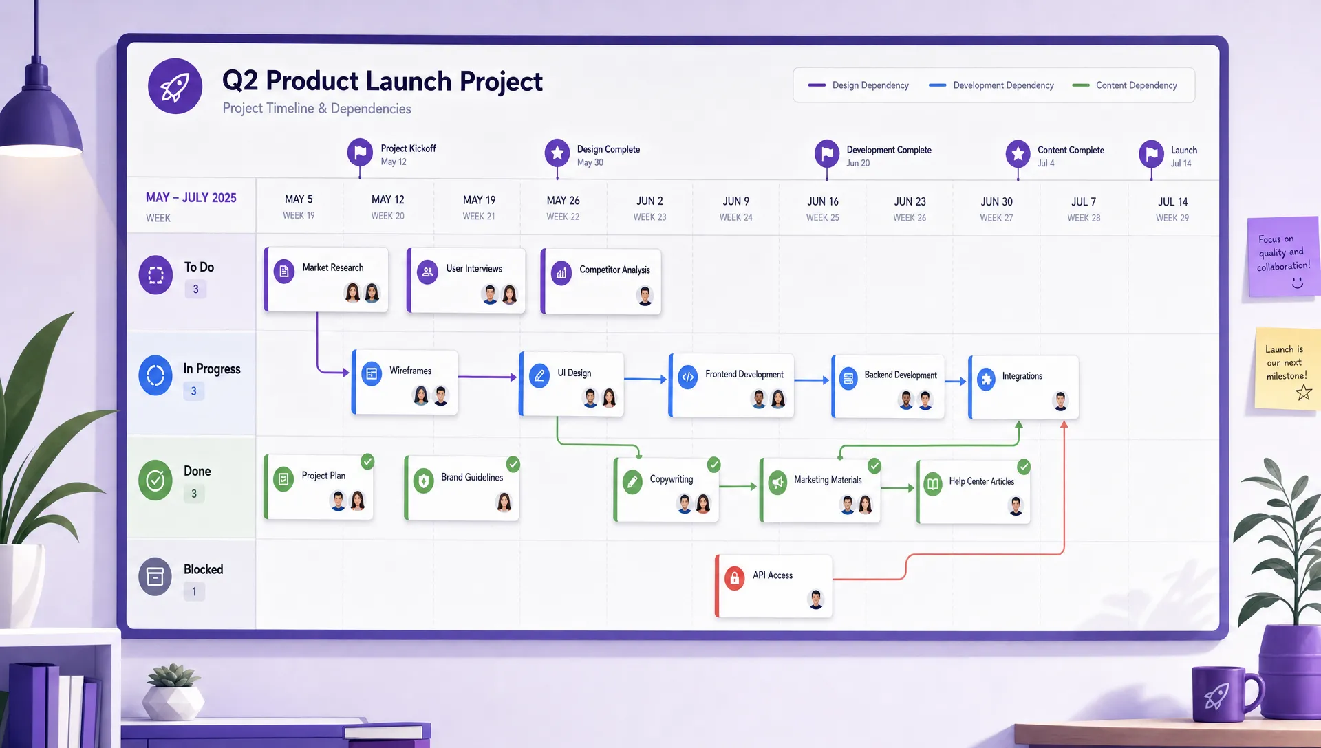 A collaborative project timeline layout with task cards grouped by status, milestone markers along a horizontal calendar, and colored lines showing dependencies between related tasks, arranged on a clean wall display