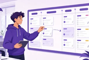 A Kanban board with task cards, tags, and attachments