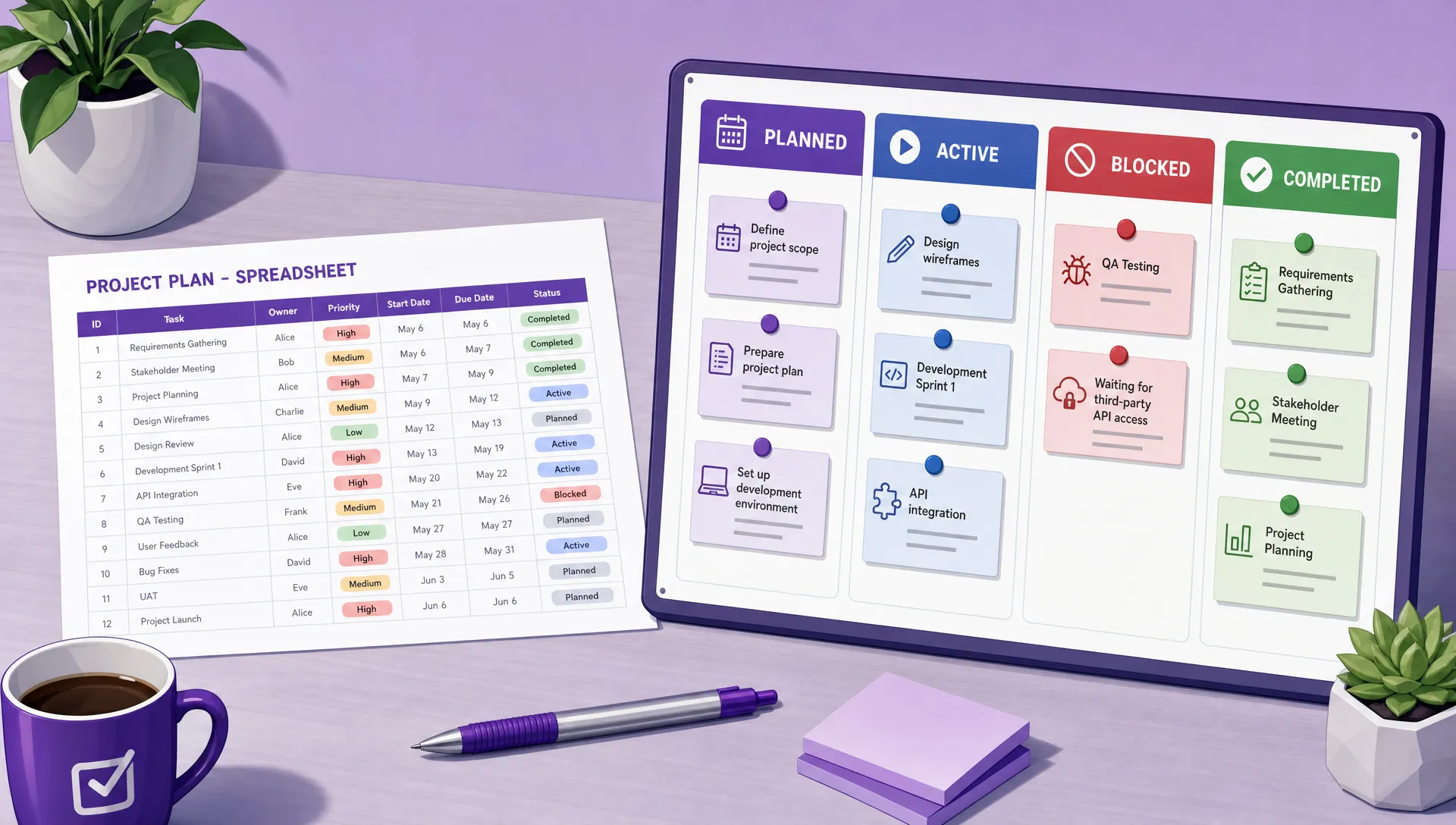 A printed spreadsheet sits beside a visual task board with planned, active, blocked and completed columns