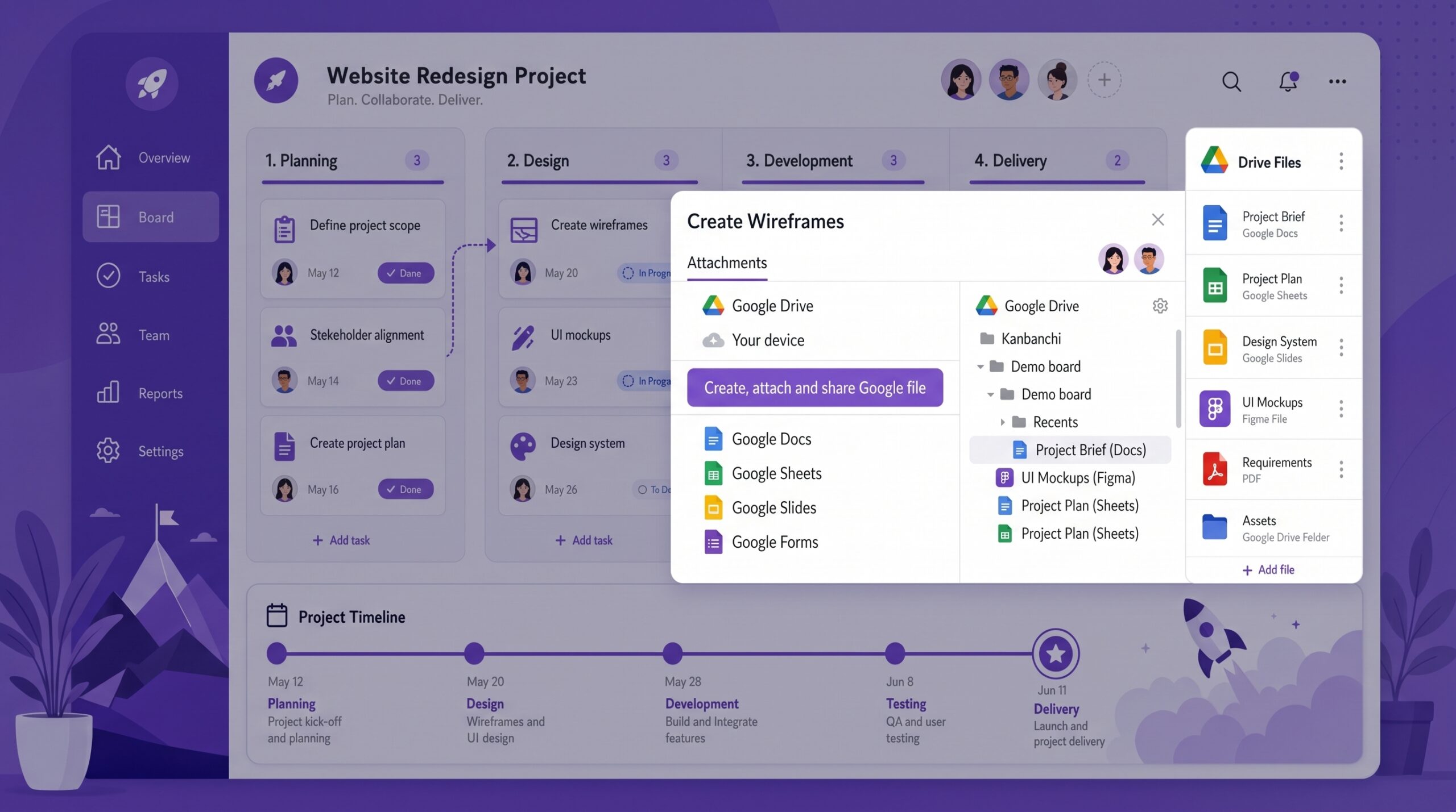 A project board with task cards, linked Drive files and a simple timeline shows work moving from planning to delivery
