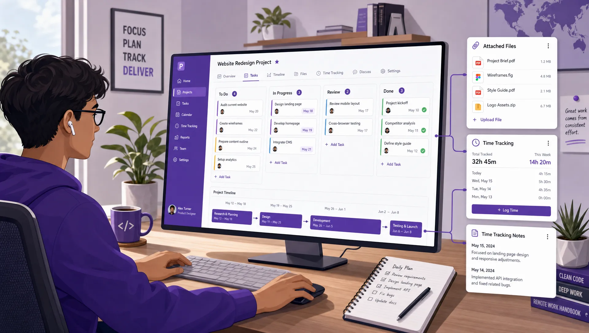 A remote project tracking workspace shown as a clean side-angle desk scene with a visual task board, a project timeline strip, attached files, and time tracking notes connected to the same project