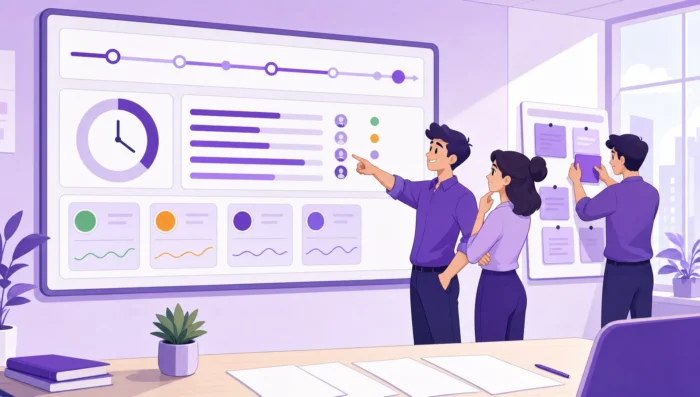 Collaboration Platforms for Product Teams - Main image A team lead checks reporting, timelines, and time tracking on a product operations dashboard