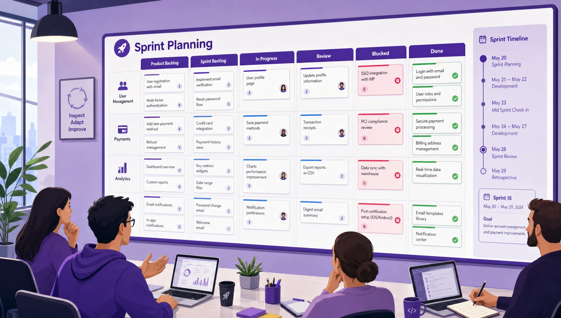 A visual sprint planning board showing a product backlog, sprint backlog, in progress, review, blocked, and done columns, with task cards grouped by swimlane and a simple timeline beside the board, viewed from a slight side angle in a meeting room.