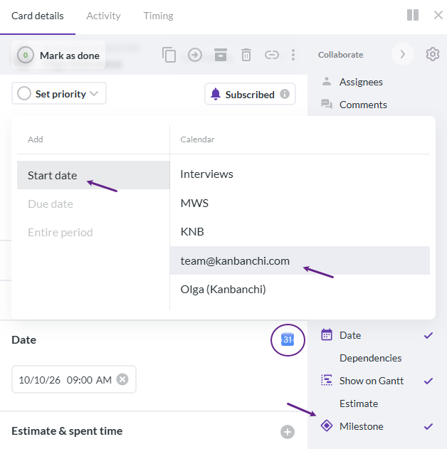 The interface of adding dates or events from Kanbanchi to Google Calendar