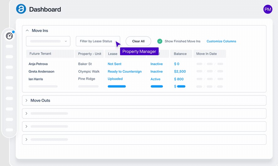 AppFolio property management dashboard showing rental portfolio, financial data, and property operations