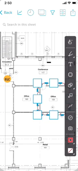 Autodesk BIM 360 mobile app displaying construction project documents, tasks, and field collaboration tools
