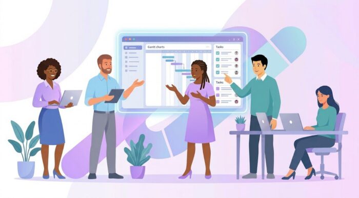 Best Team Organization Apps: Modern Workplace Collaboration Vector Banner A diverse remote team collaborating around a digital dashboard, illustrating the best team organization apps.