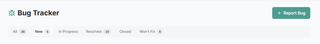 Bug Tracker in the Hub showing 36 reported bugs: 5 new, 25 resolved and 6 marked won't fix