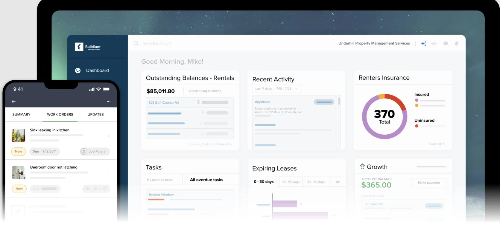 Buildium property management software interface showing tools for managing properties, renters, leases, and maintenance