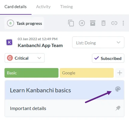 A color palette icon on a Kanbanchi card