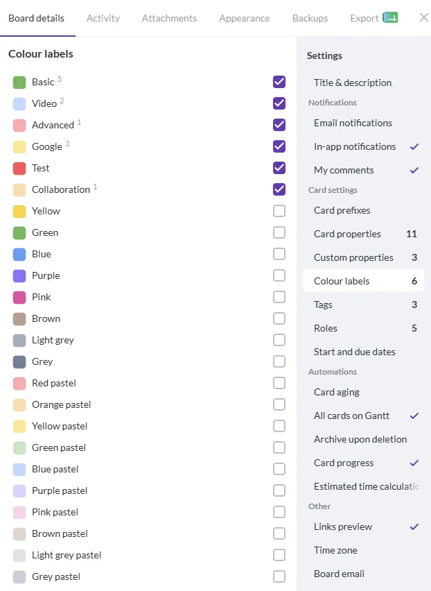 A list of all color labels in Kanbanchi board settings