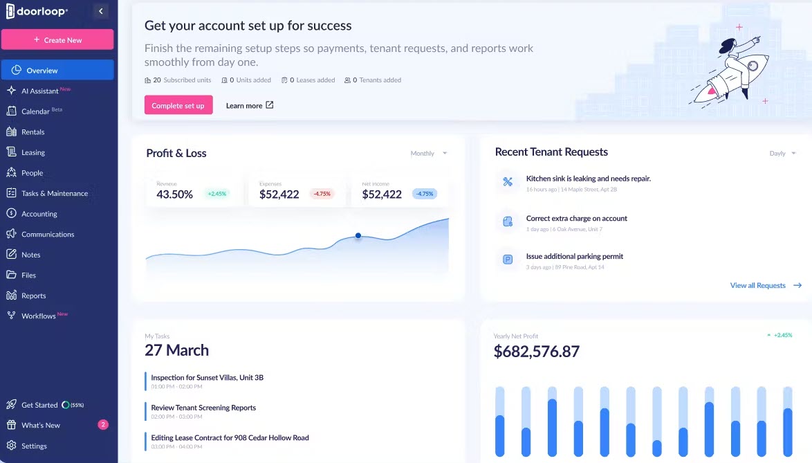 DoorLoop commercial property management software dashboard for managing properties, tenants, and maintenance