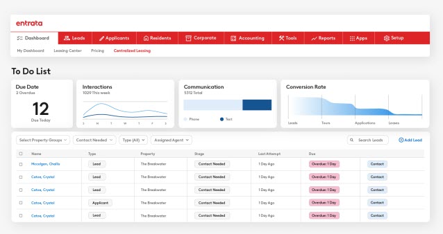 Entrata property management platform displaying residential portfolio data, leasing activity, resident information, and operations