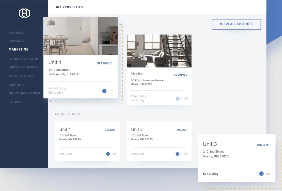 Hemlane property management software dashboard showing rental listings, tenant management, maintenance, and property activity
