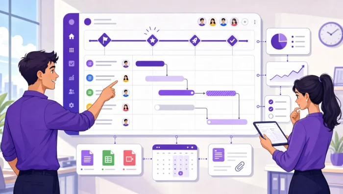How to Build a Project Work Plan Teams Follow - Main Image A practical project work plan, showing team members interacting with a connected workspace that features clear task ownership cards, workflow stages, and structured timeline milestones