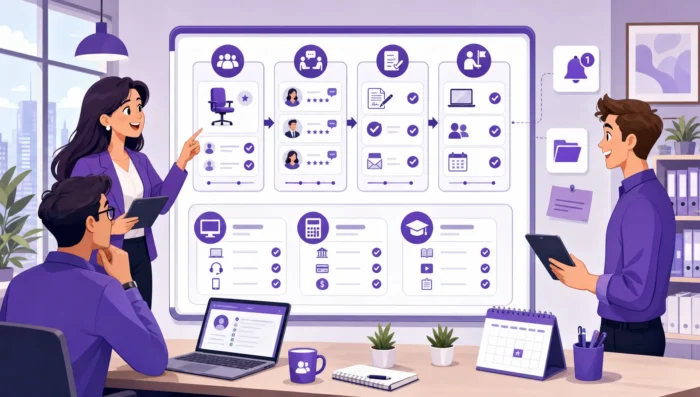HR project management dashboard, featuring candidate recruitment pipelines, onboarding milestone checklists, calendar integration dates, and cross-functional team communication icons