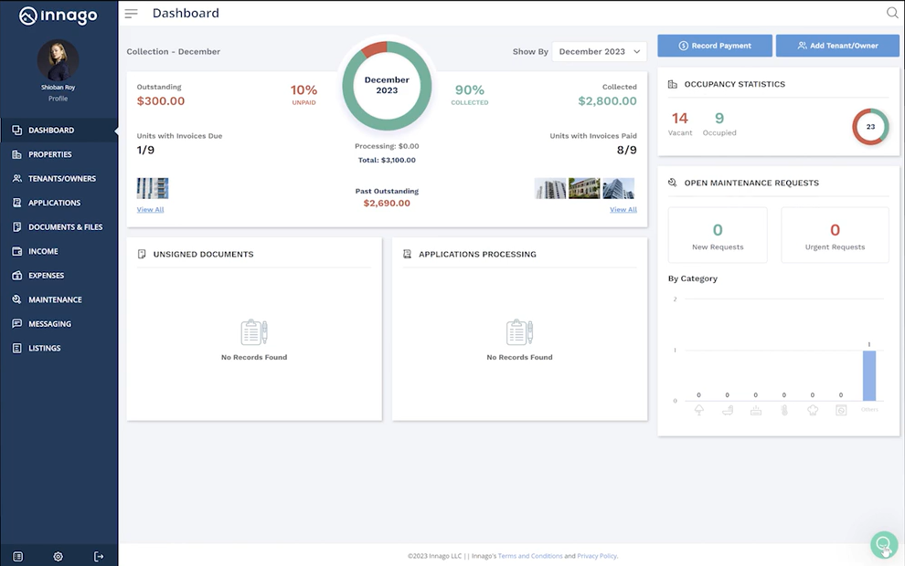Innago property management software interface showing tools for managing rentals, tenants, leases, and rent payments