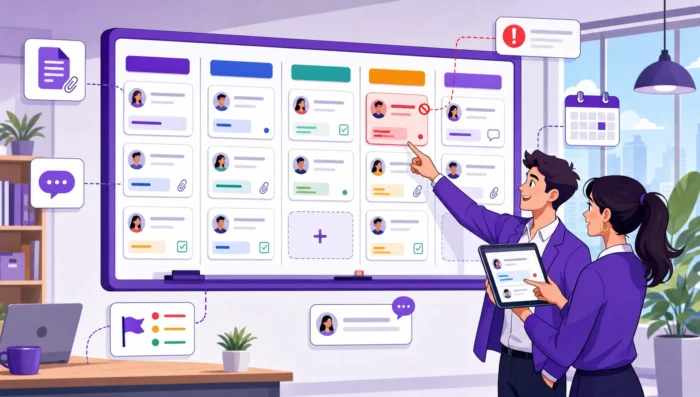 kanban-Kanban Task Management for Teams That Need Clarity - Main Image-management-for-teams-that-need-clarity-61813714-1785875199955 Two colleagues looking at the blocked task on a Kanban board