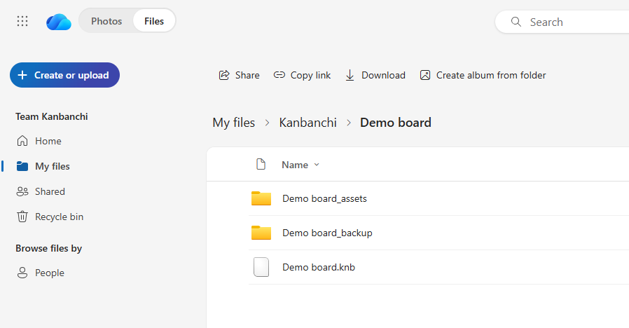 Kanbanchi board structure in OneDrive showing project boards and files through Microsoft integration