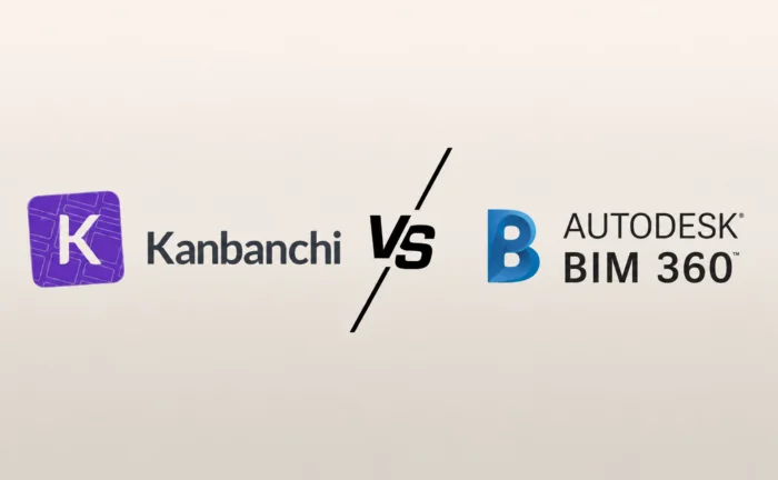 Kanbanchi vs Autodesk BIM 360 comparison banner featuring the Kanbanchi and Autodesk BIM 360 logos separated by a bold "VS" symbol.