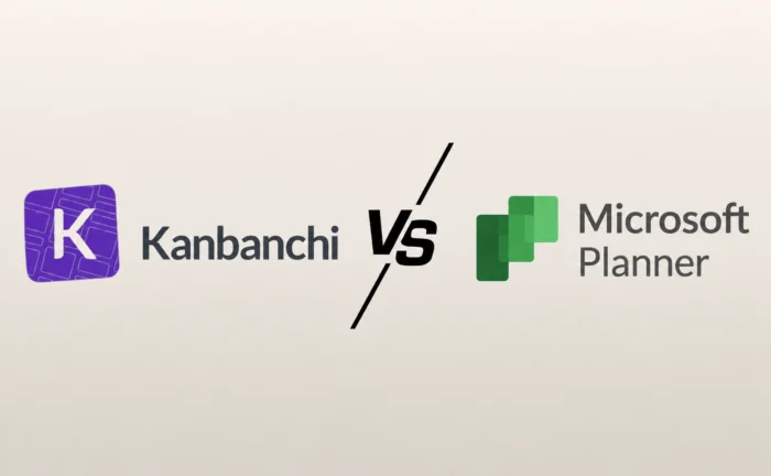 Kanbanchi vs Microsoft Planner comparison graphic showing the two project management tools side by side